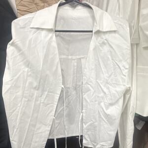 Women’s Long Sleeve Tie-Front Top Blouse 100% Cotton Collared White Size M